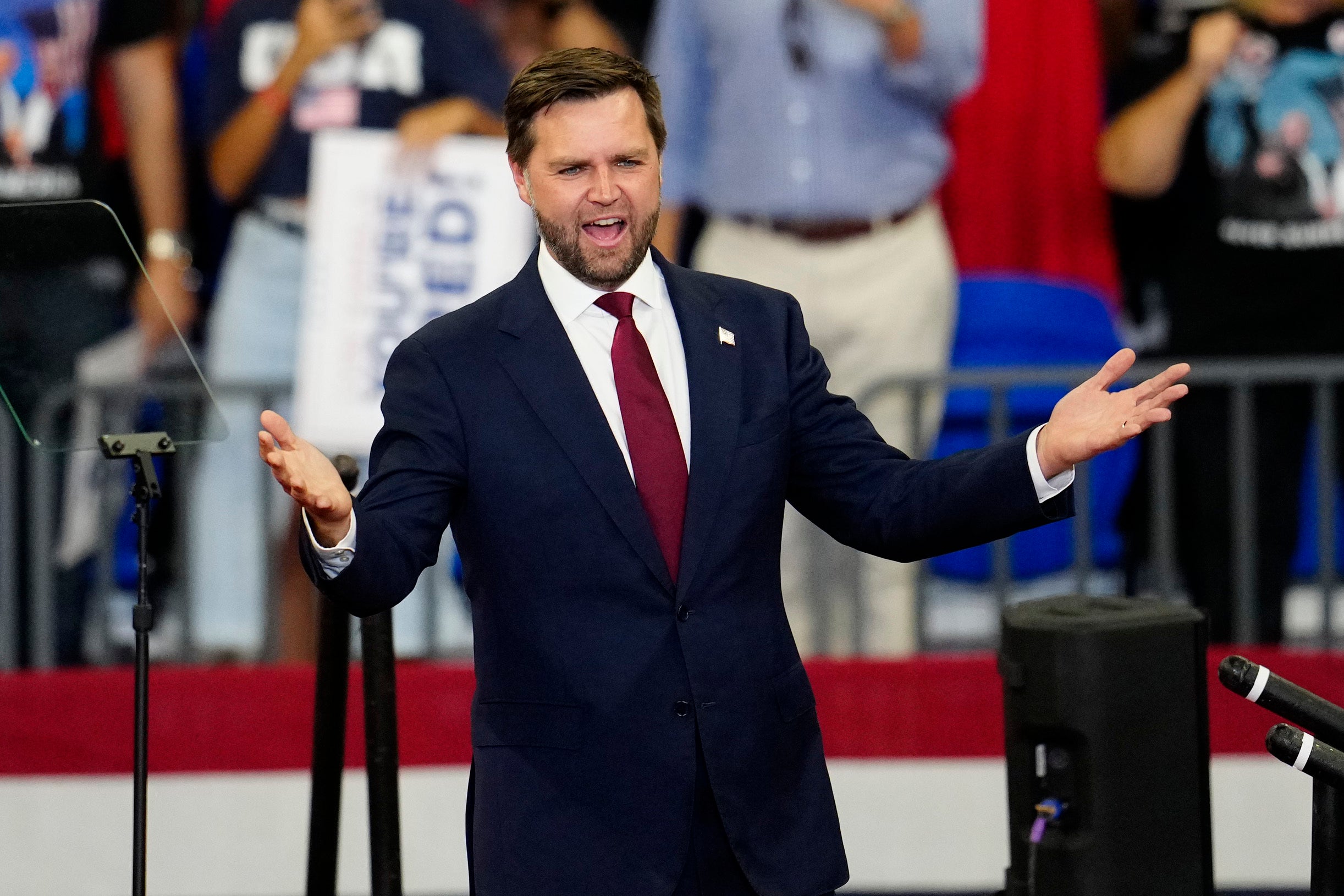 JD Vance at a campaign rally in Atlanta on August 3. His most recent financial disclosures reveal eclectic investments, including a right-wing streaming service, a controversial biotech firm and popular Catholic prayer app