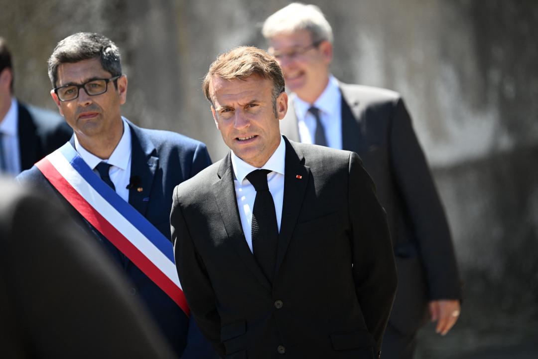 Ouradour-Sur-Glane, France. 10 June, 2024. French President Emmanuel Macron visiting the ruins of the village of Oradour-sur-Glane, southwestern France, on June 10 2024. This year marks the 80th anniversary of the Oradour-sur-Glane massacre. On June 10, 1944, just four days after the Allied forces landed on the Normandy coast on D-Day, 643 inhabitants, including 247 children, were massacred in the tranquil village of Oradour-sur-Glane in southwestern France, by German Waffen-SS soldiers belonging to the 2nd SS Panzer Division 