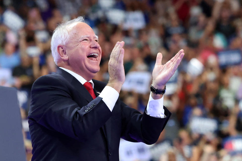 Minnesota Governor and Democratic vice presidential candidate Tim Walz  gestures during a campaign rally at the Thomas and Mack Center, University of Nevada in Las Vegas, Nevada, on August 10, 2024. (Photo by RONDA CHURCHILL / AFP) (Photo by RONDA CHURCHILL/AFP via Getty Images)