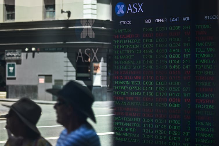 ASX stock codes seen on a display through a window