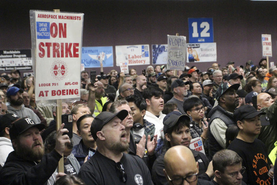 Boeing machinists, labor allies and elected officials rally in Seattle at their union hall on Tuesday, Oct. 15, 2024.(AP Photo/Manuel Valdes)