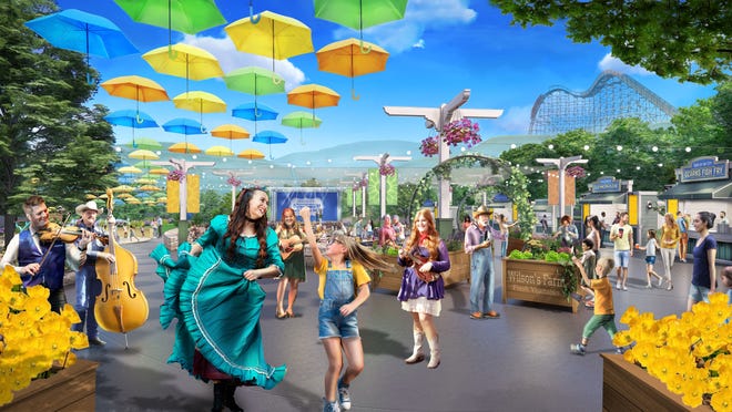 This rendering shows the finished Silver Dollar City plaza expansion, which will debut during its Spring Exposition that starts April 10, 2025.