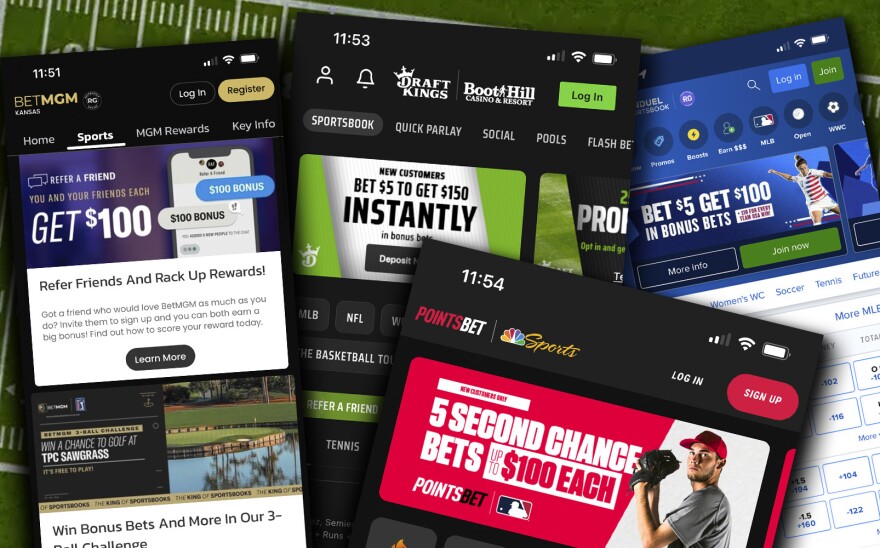  A collage of online sports betting apps showing promotional bet offers.