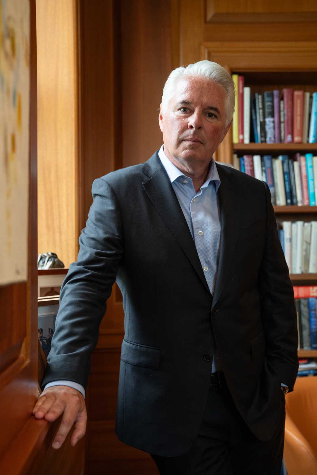 David A. Greene, Colby College's president, poses for a portrait in his office.