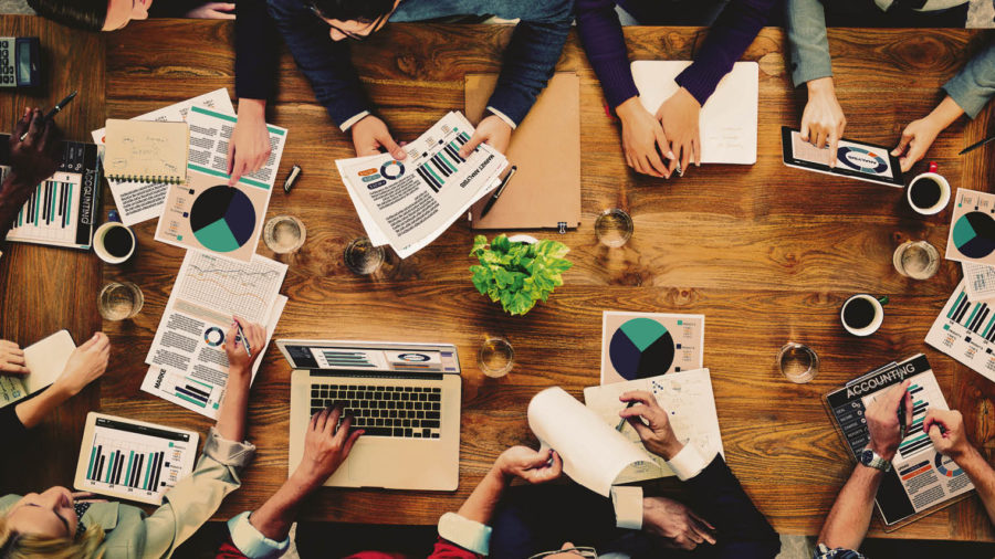 Birds eye view of a busy desk