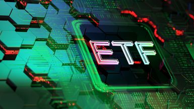 ETF tile on abstract digital matrix background.