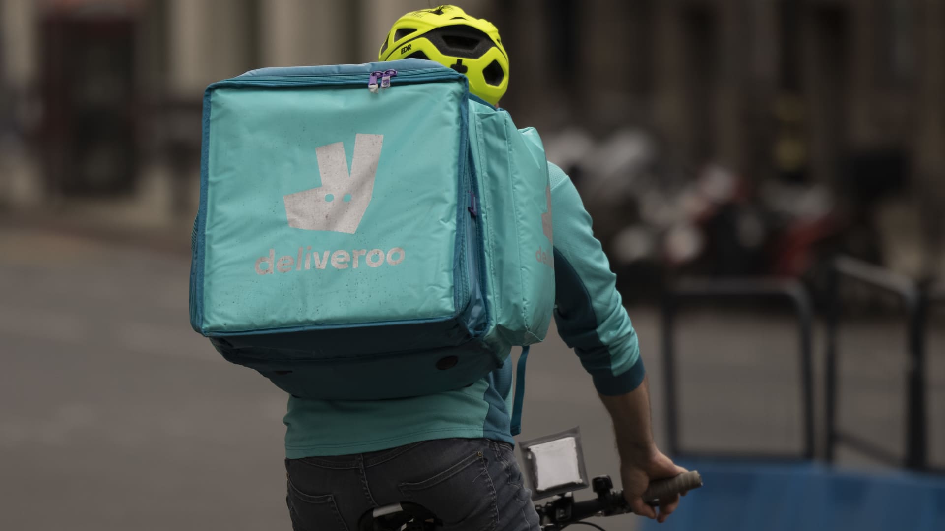 A Deliveroo rider near Victoria station in London, England, on March 31, 2021.