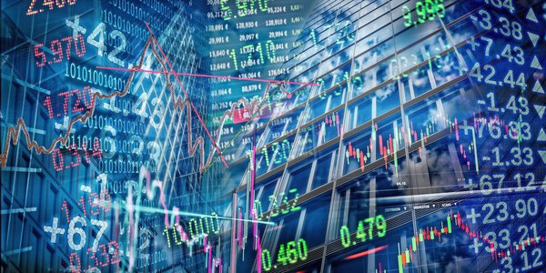 Stock market numbers and arrows and lines.