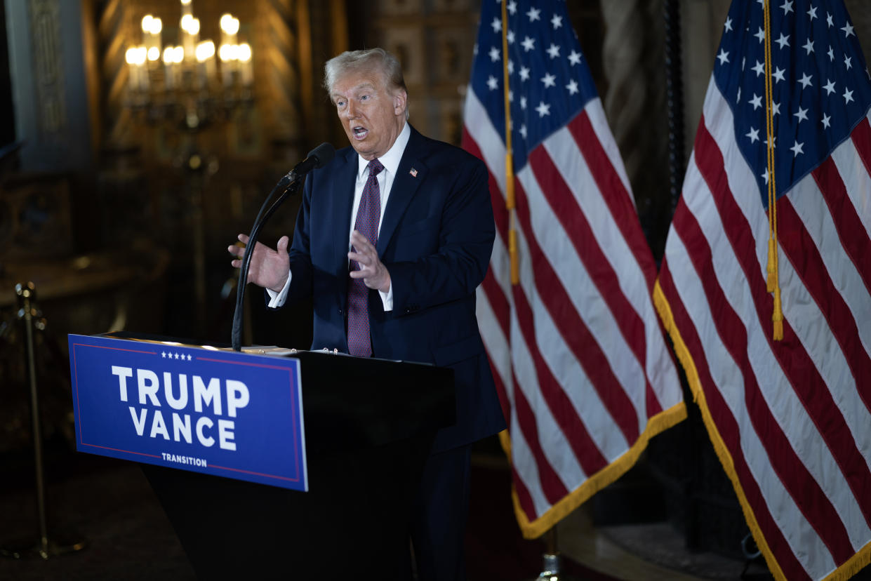 PALM BEACH, FLORIDA - JANUARY 07:  U.S. President-elect Donald Trump speaks to members of the media during a press conference at the Mar-a-Lago Club on January 07, 2025 in Palm Beach, Florida. Trump will be sworn in as the 47th president of the United States on January 20, making him the only president other than Grover Cleveland to serve two non-consecutive terms in office. (Photo by Scott Olson/Getty Images)