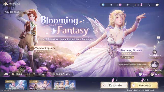 The limited-time Blooming Fantasy banner that requires Revelation Crystals. It highlights a fairy look and another that’s carrying a camera.