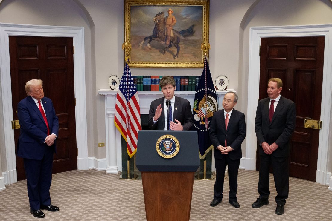 OpenAI CEO Sam Altman, accompanied by President Donald Trump, Oracle CTO Larry Ellison (R), and SoftBank CEO Masayoshi Son (2nd-R), at the announcement of an investment in AI infrastructure.