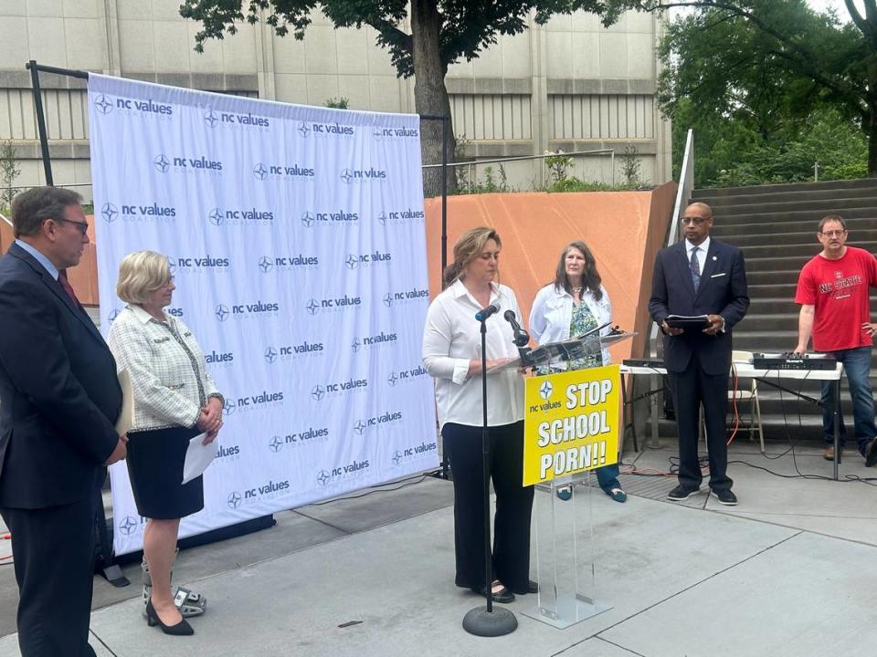 Wake County school board member Cheryl Caulfield speaks out against books that she says promote “porn” in schools at an event sponsored by the NC Values Coalition in Raleigh. N.C., on May 15, 2024.