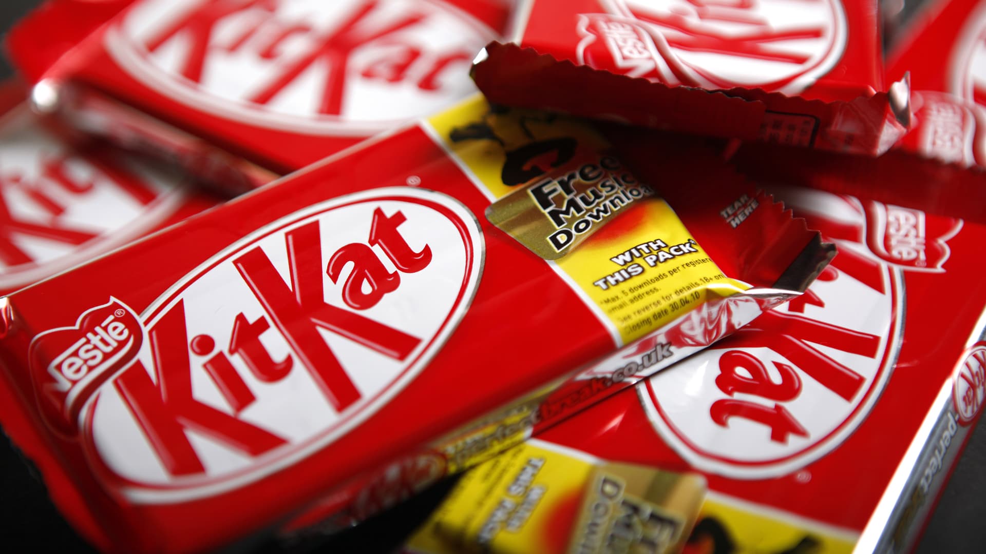 Bars of original KitKat chocolate, produced by Nestle SA.