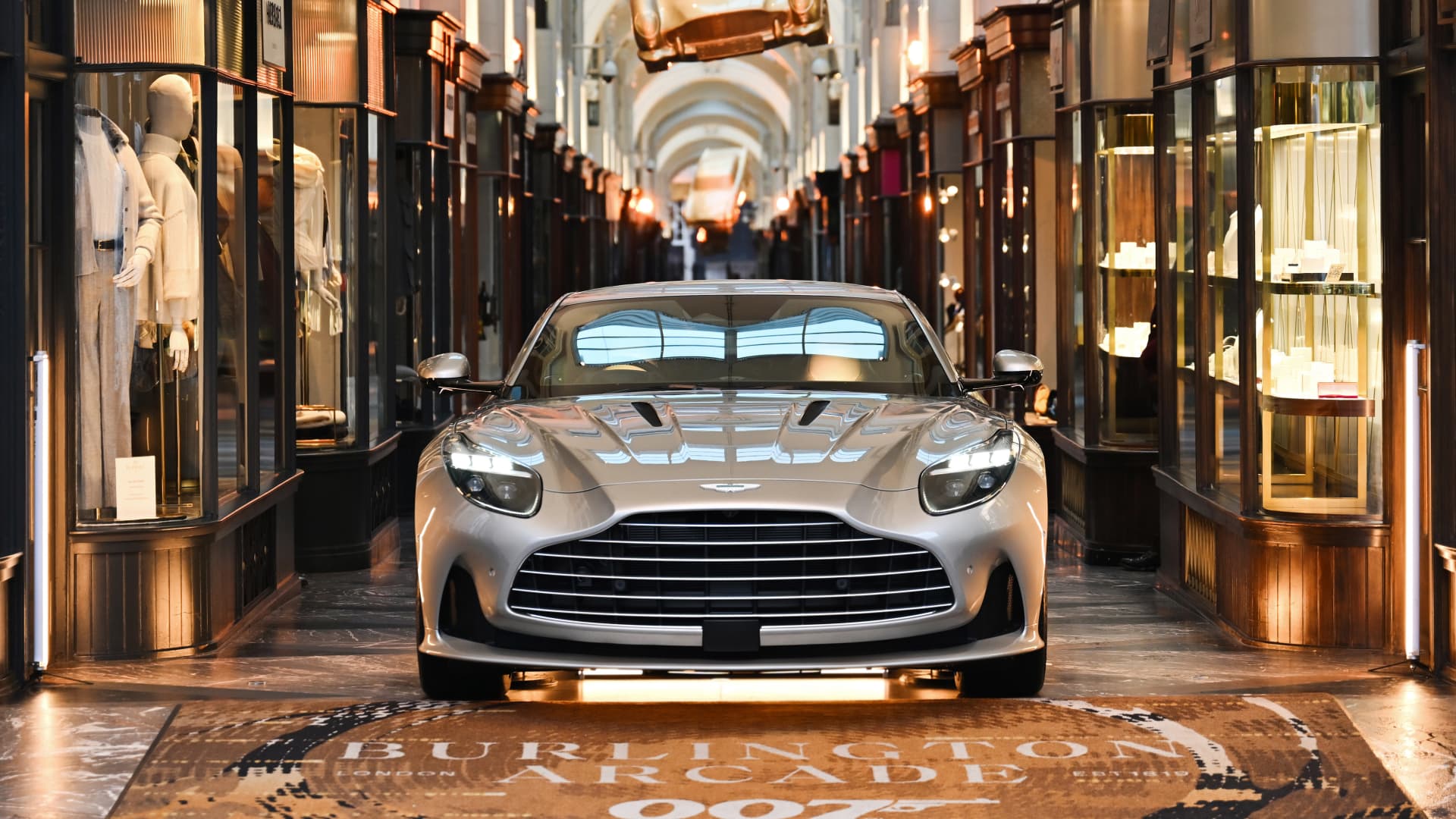 The Aston Martin DB12 Goldfinger Edition during the 007 takeover of Burlington Arcade on Oct. 29, 2024, in London, England.