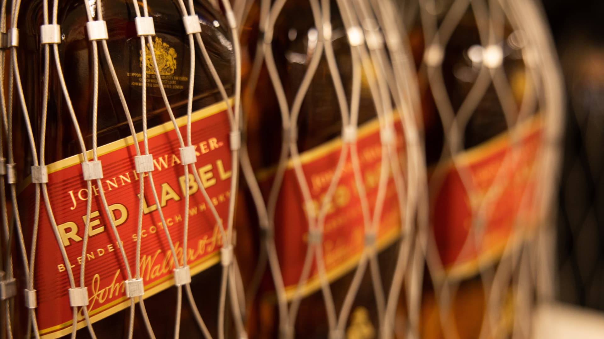 Bottles of Diageo-owned Johnnie Walker Red Label whisky in a supermarket in Chelmsford, UK, on Tuesday, Jan. 28, 2025. 