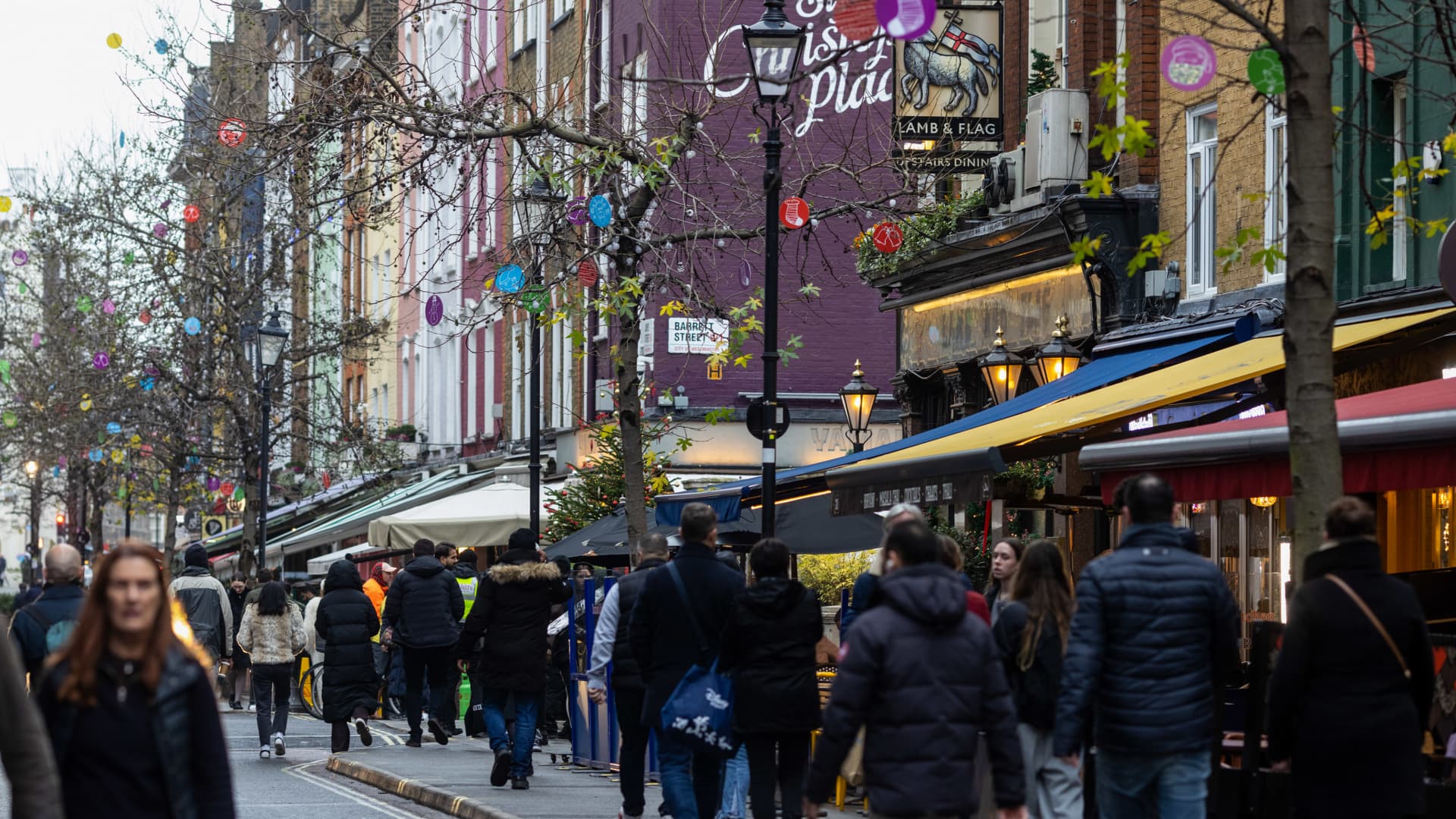 Restaurants and pubs on James Street in London, UK, on Friday, Dec. 13, 2024. 