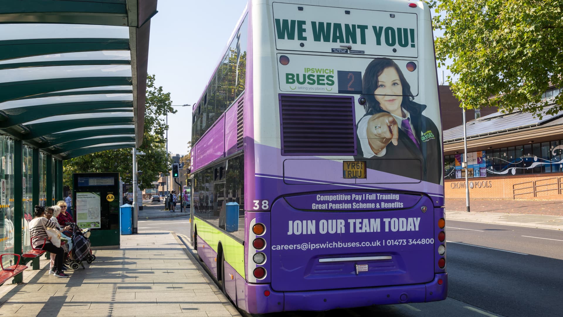 Advert on back of bus for staff vacancies in Ipswich, England. 