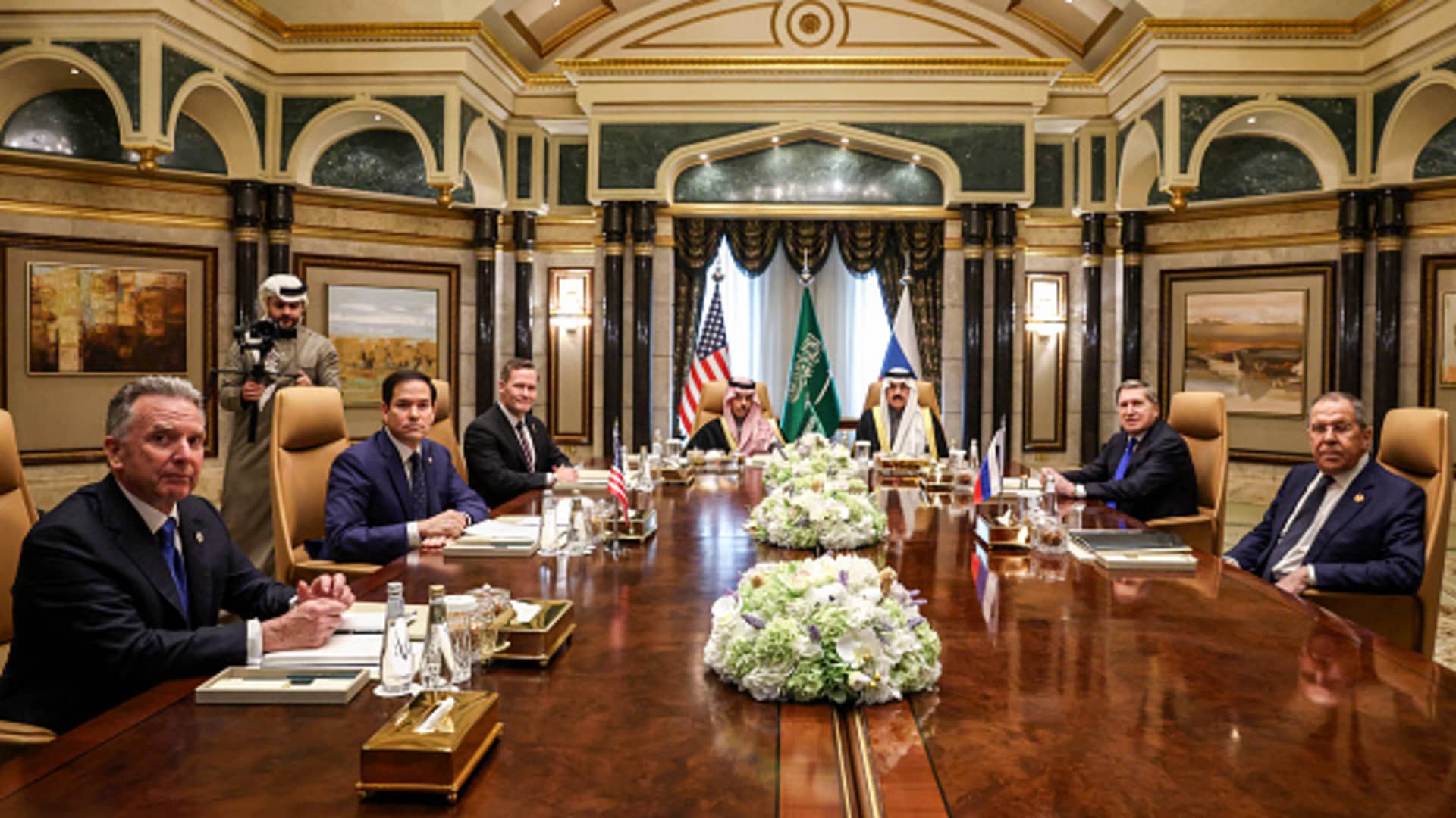 U.S. Middle East envoy Steve Witkoff, Secretary of State Marco Rubio, National Security Advisor Mike Waltz, Saudi Arabia's Foreign Minister Prince Faisal bin Farhan al-Saud, National Security Advisor Mosaad bin Mohammad al-Aiban, the Russian president's foreign policy advisor Yuri Ushakov, and Russia's Foreign Minister Sergei Lavrov attend a meeting together at Riyadh's Diriyah Palace on February 18, 2025. 