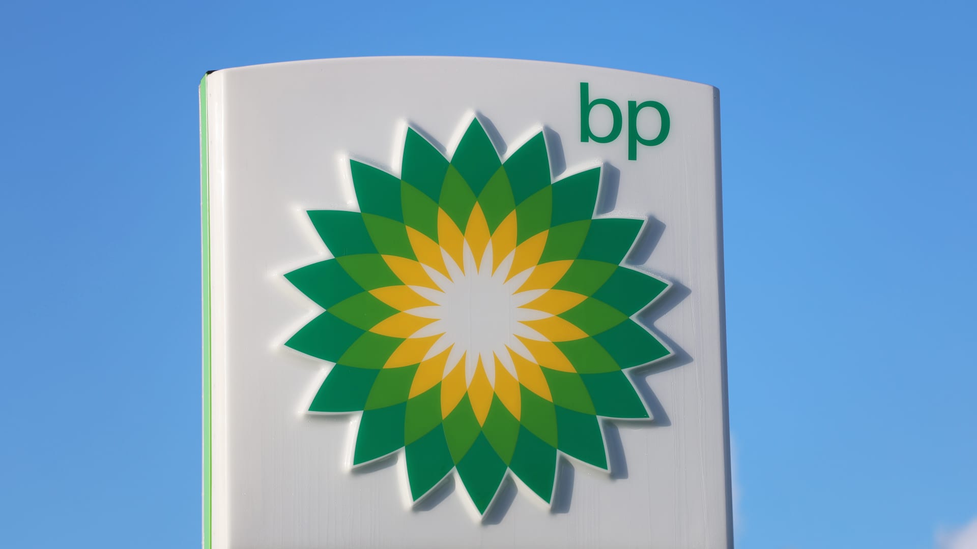 The BP logo is displayed outside a petrol station on January 30, 2025 in Warrington, United Kingdom.