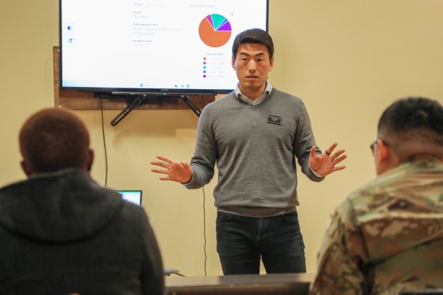 Han Xue, a certified financial planner, teaches a class on the Thrift Savings Plan at Camp Zama, Japan, Feb. 11, 2025. Xue, a former Soldier, holds a monthly financial education training class on various topics for members of the Better...