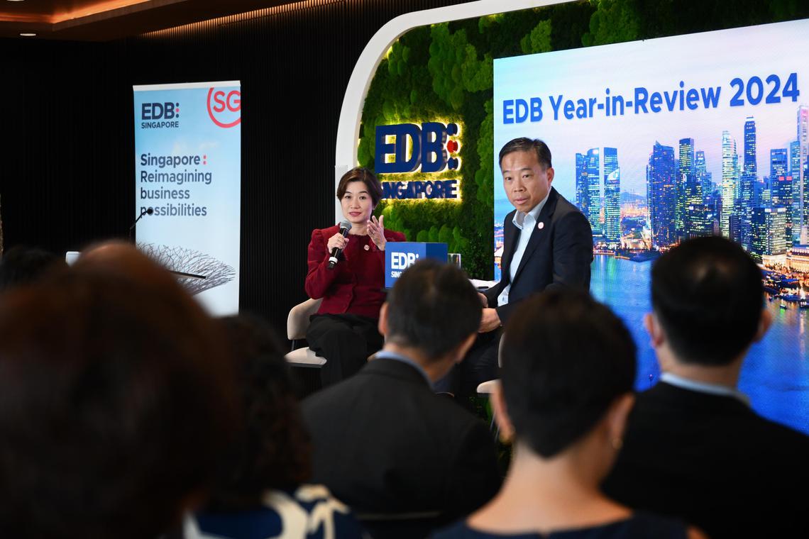 ST20250206_202509000267 Kua Chee Siong/ tgedb06/

Ms Jacqueline Poh, Managing Director, EDB (left) and Mr Png Cheong Boon, Chairman, EDB speaking during the Economic Development Board?s (EDB) 2024 Year-in-Review (YIR) media briefing held at the EDB Office in Raffles City Tower, on Feb 6, 2025.