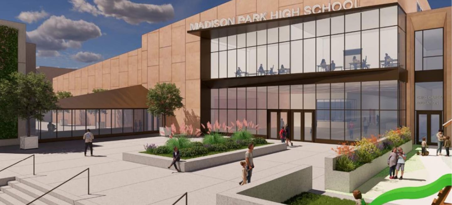 Concept art for Madison Park Technical Vocational High School from a June 2024 community meeting.