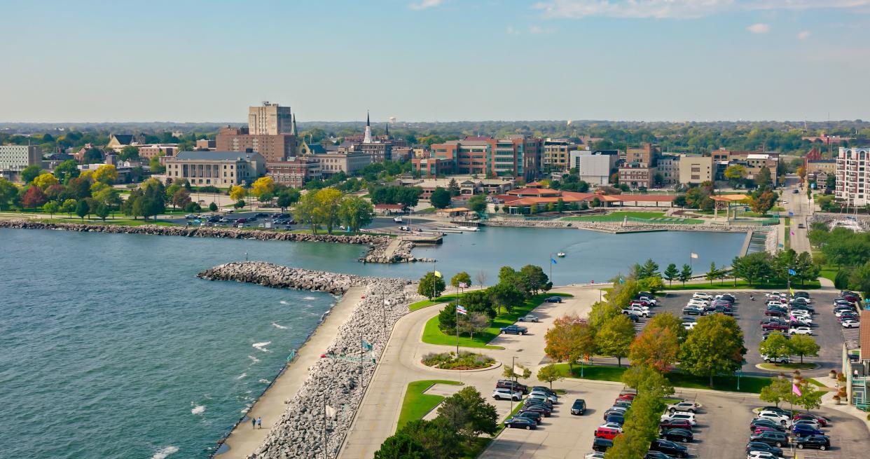 Aerial view of Lake Michigan near Racine, a city in Racine County, Wisconsin, on a sunny day in Fall.