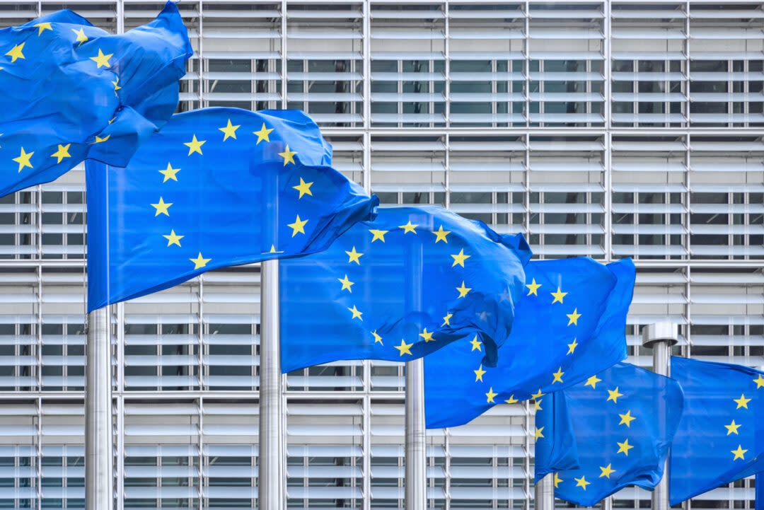 Blue flags with yellow stars representing the European Union wave in front of a modern glass-fronted building.