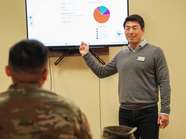 Han Xue, a certified financial planner, teaches a class on the Thrift Savings Plan at Camp Zama, Japan, Feb. 11, 2025. Xue, a former Soldier, holds a monthly financial education training class on various topics for members of the Better...