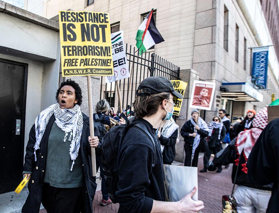 Protestors outside Columbia University in Manhattan April 22, 2024. Protestors gathered on the streets near the campus after school officials closed the campus and made all classes remote. This came after hundreds of pro-Palestinian protestors took over large parts of the campus last week.