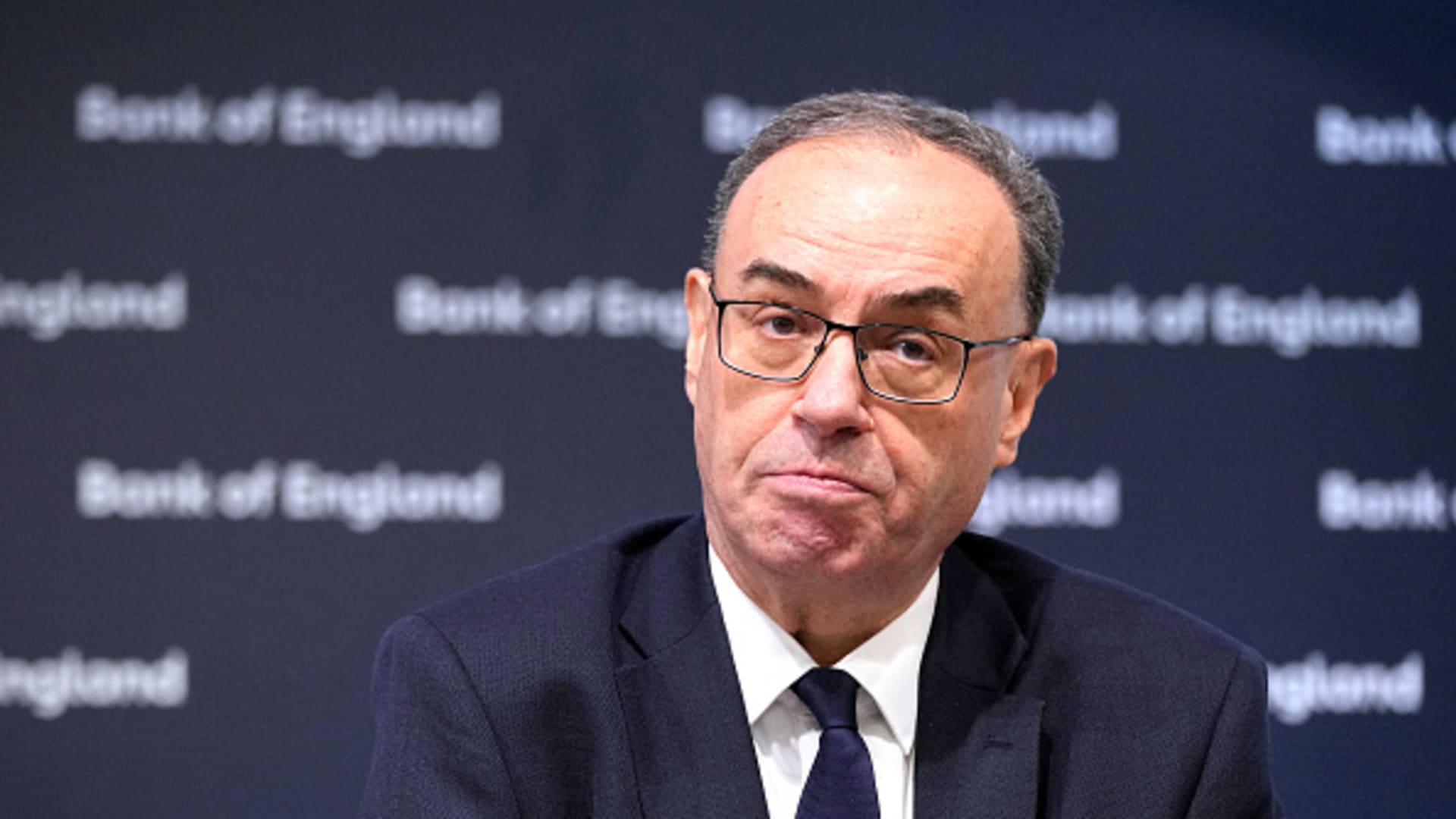 Andrew Bailey, Governor of the Bank Of England, pauses before the start of the Monetary Policy Report press conference at the Bank Of England on February 6, 2025 in London, England.