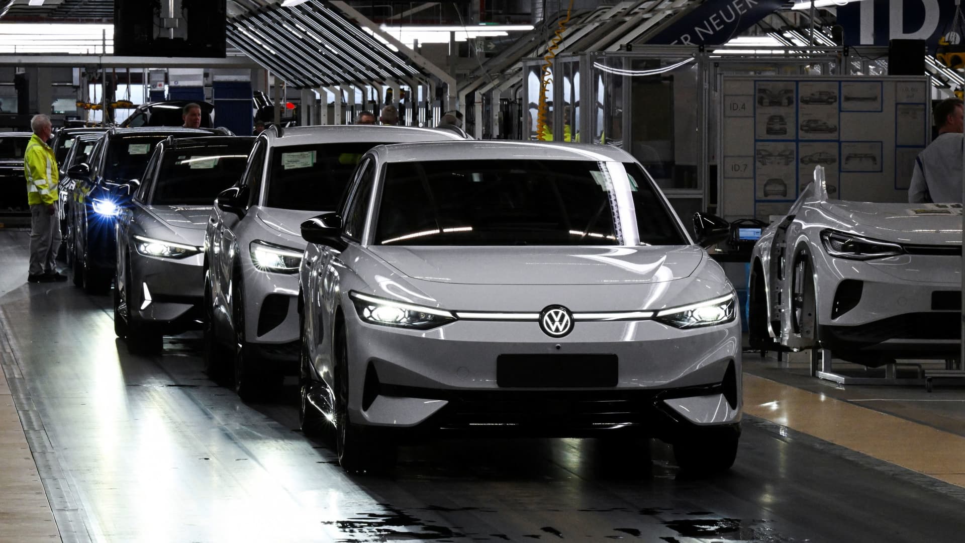 Volkswagen ID.7 electric cars are seen at the Volkswagen (VW) electric fleet lead plant in Emden, Germany, Feb. 18, 2025. 