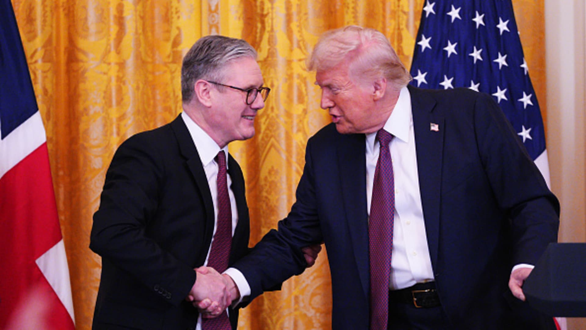 U.K. Prime Minister Keir Starmer and U.S. President Donald Trump at a joint press conference in the East Room at the White House on Feb. 27, 2025, in Washington, D.C.