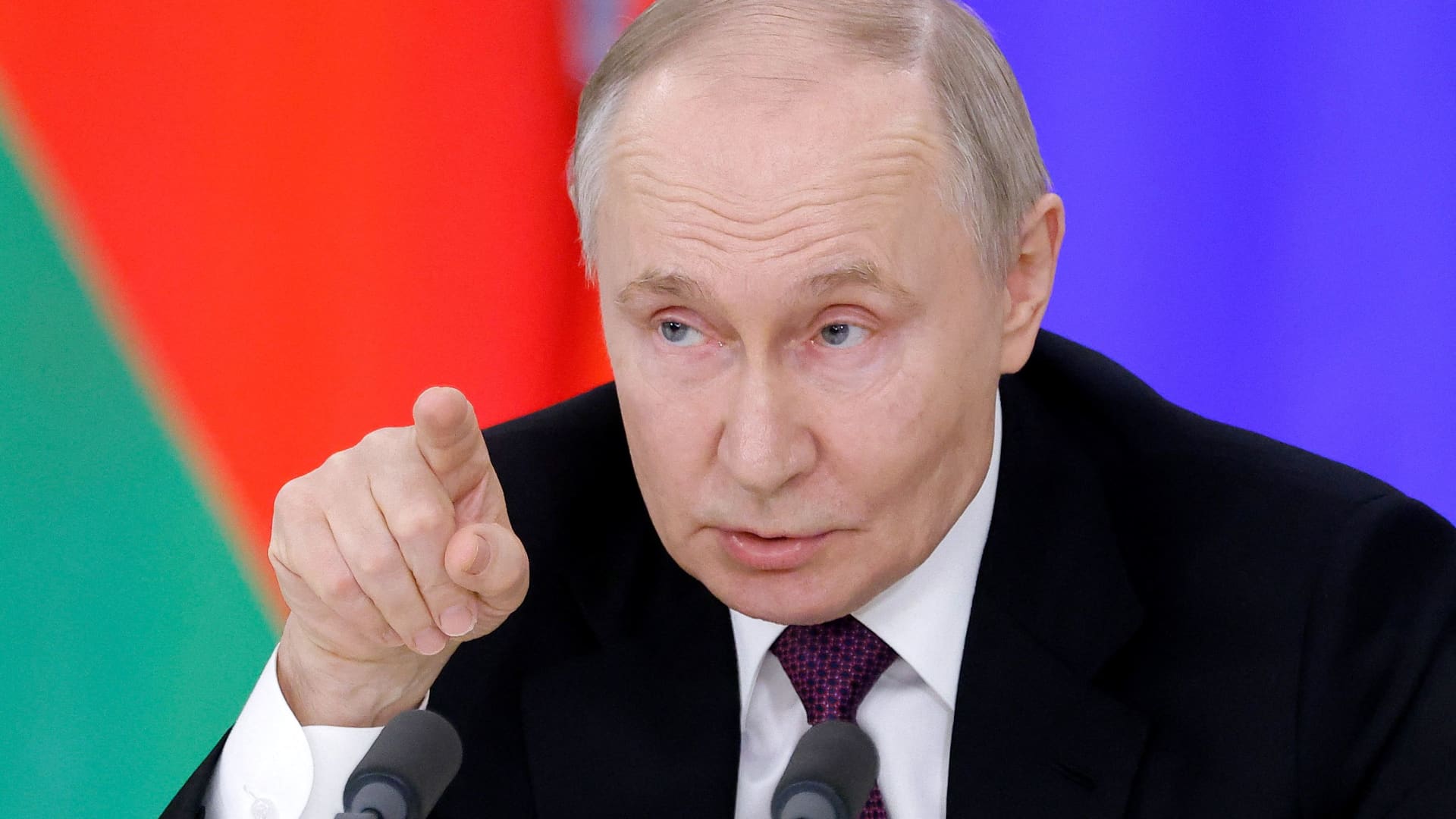 Russia's President Vladimir Putin speaks during a press conference following a meeting with his Belarusian counterpart Alexander Lukashenko in Moscow, Russia, March 13, 2025. 