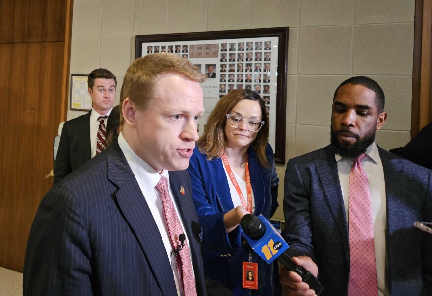 New N.C. House Speaker Destin Hall, R-Caldwell, takes questions from reporters after the House's opening day session on Jan. 8, 2025.