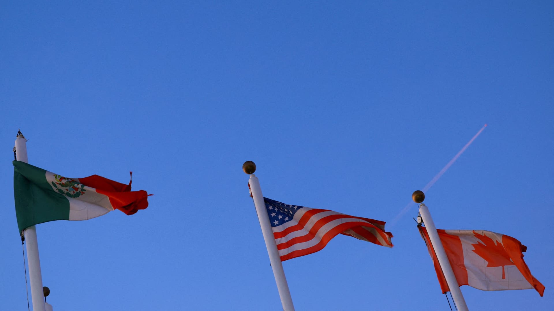 The flags of Mexico, the United States and Canada fly in Ciudad Juarez, Mexico Feb. 1, 2025. 