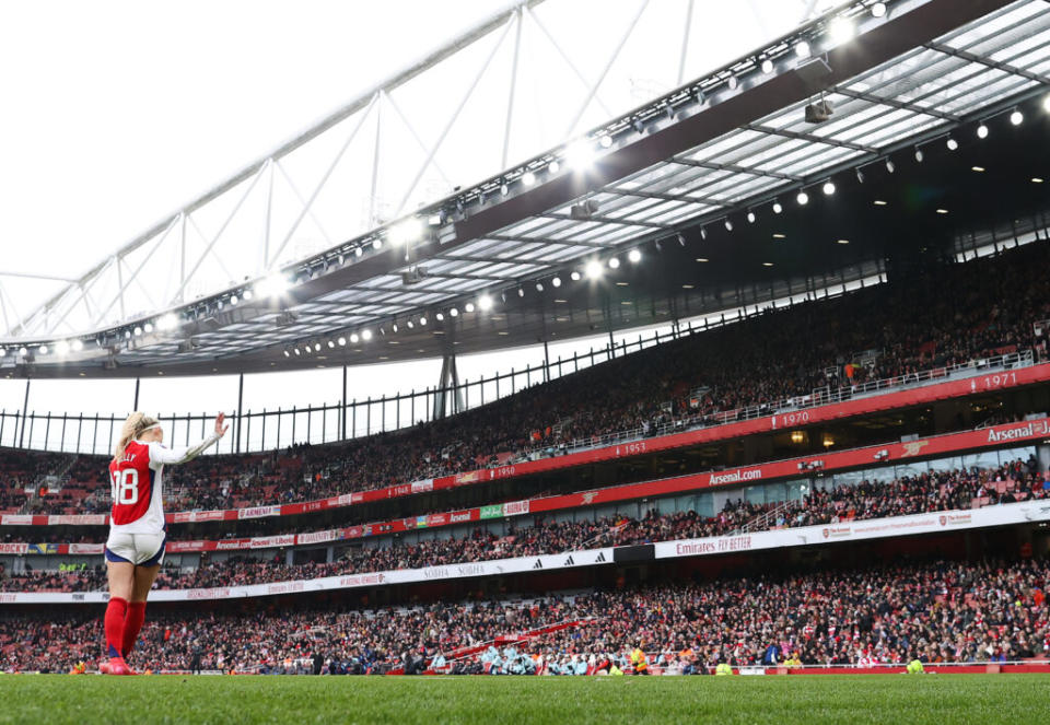 LONDON, ENGLAND - FEBRUARY 16: Chloe Kelly of Arsenal reacts after the Barclays Women's Super League match between Arsenal FC and Tottenham Hotspur FC at Emirates Stadium on February 16, 2025 in London, England. (Photo by Ryan Pierse/Getty Images)