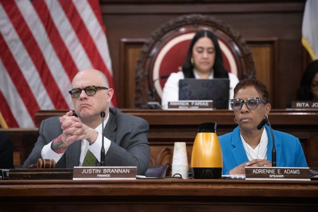 City Councilman Justin Brannan and City Council Speaker Adrienne Adams are pictured during a New York City Council hearing on Wednesday, March 5, 2025. (John McCarten / NYC Council Media Unit)