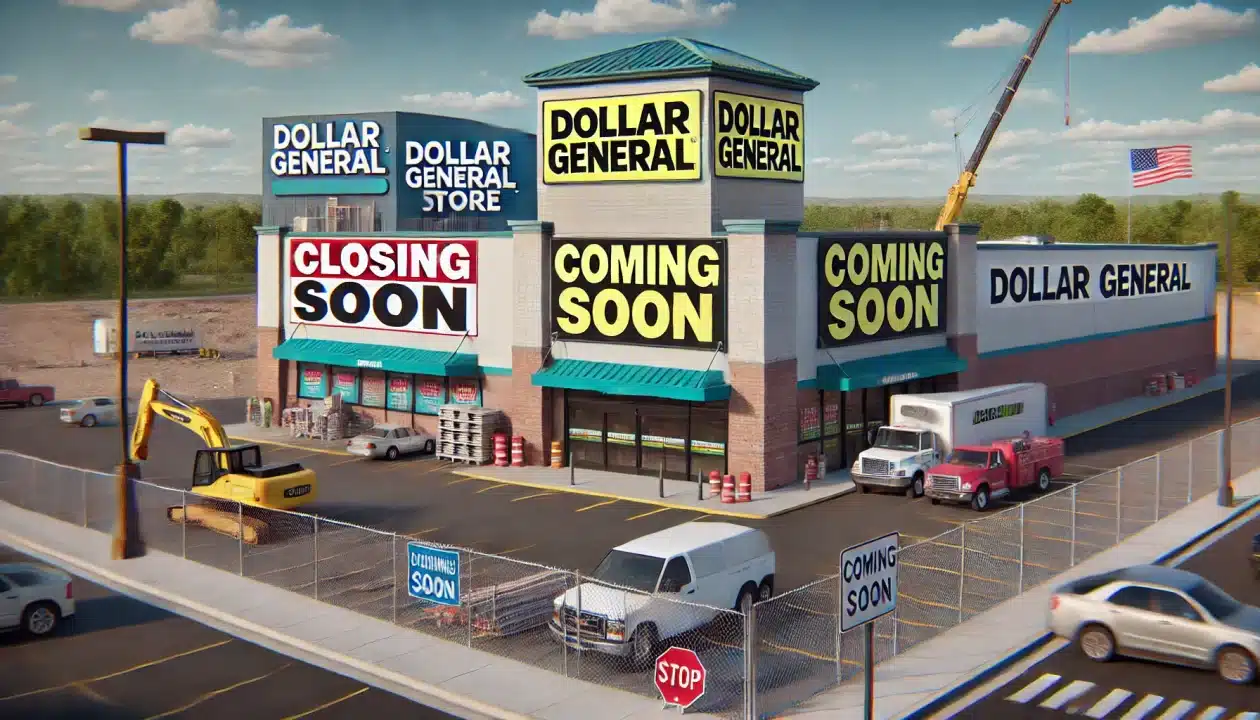 Dollar General store with ‘Closing Soon’ sign in front and a new store under construction in the background, symbolizing closures and expansion in 2025.