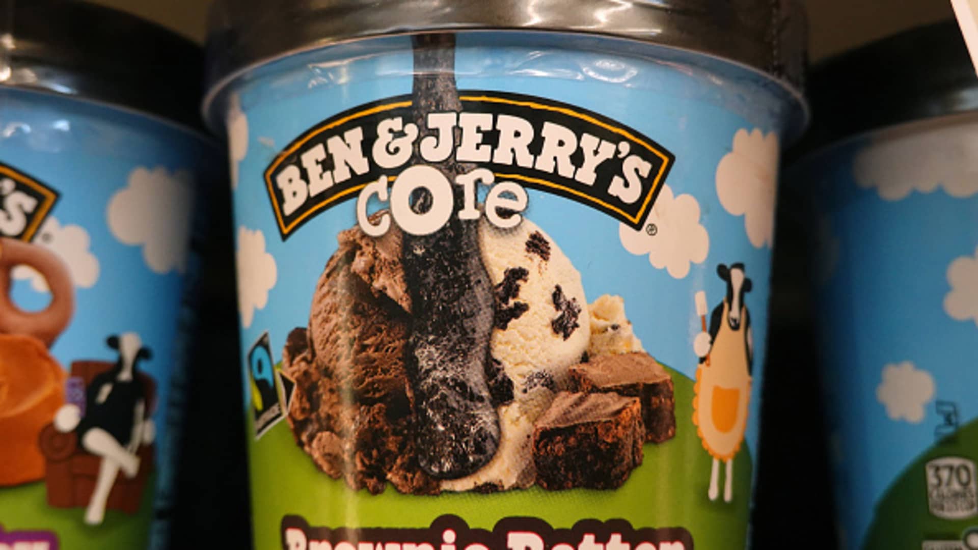 Ben and Jerry's ice cream is displayed on a shelf at a grocery store on March 19, 2025 in San Anselmo, California. 