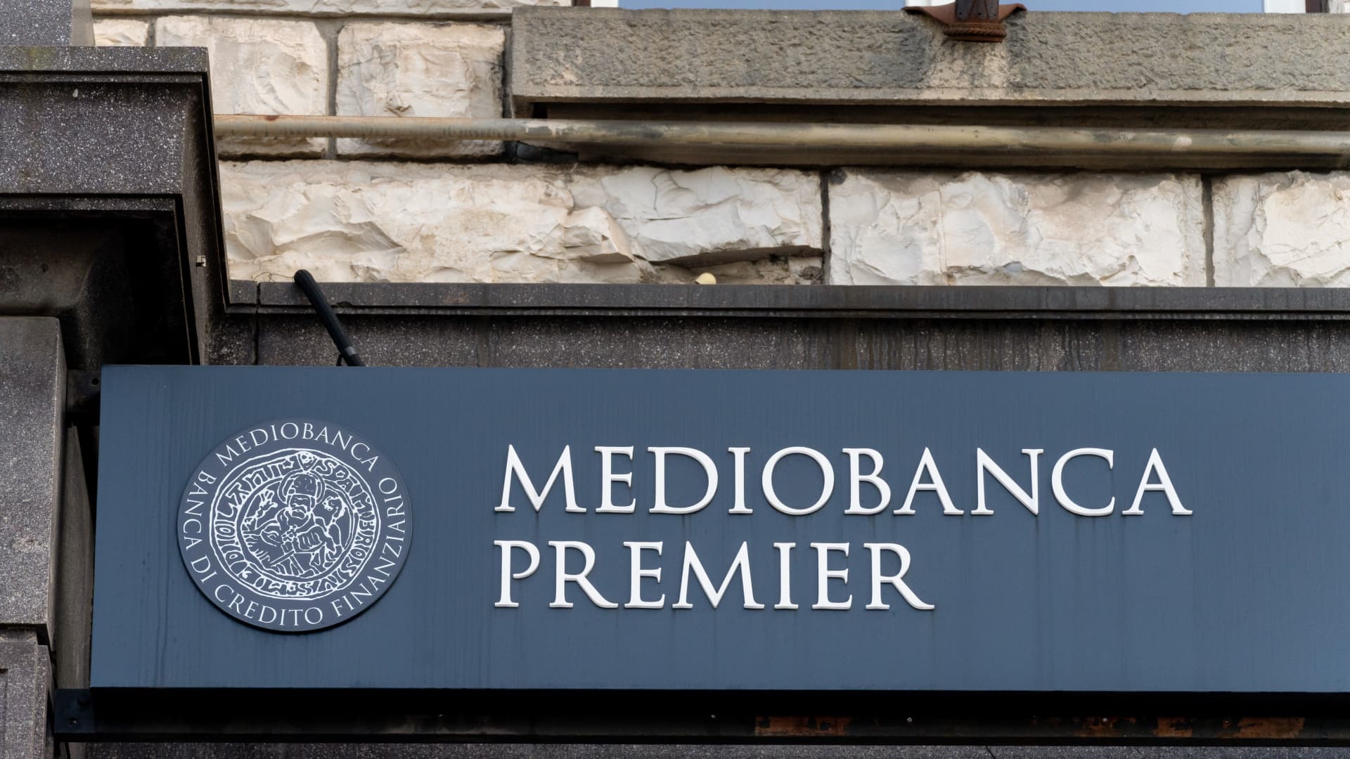 The logo of a Mediobanca Premier bank branch in Brescia, Italy, on Friday, Jan. 24, 2025.