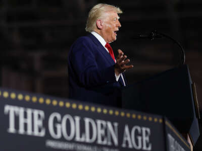 President Donald Trump speaks during a rally at Macomb Community College on April 29, 2025, at Warren, Michigan.