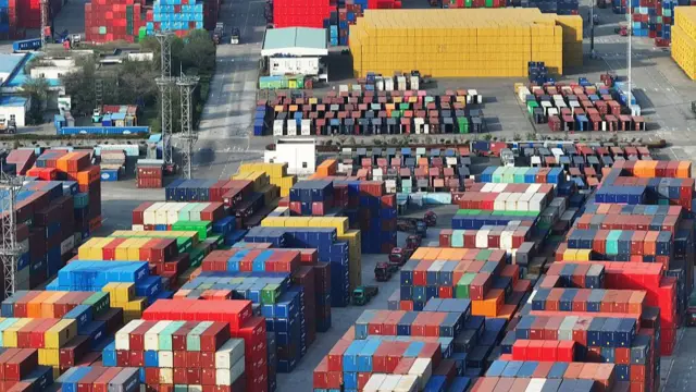 A busy operation scene at a container terminal in Nanjing Port, Jiangsu province, China on 9 April 2025.