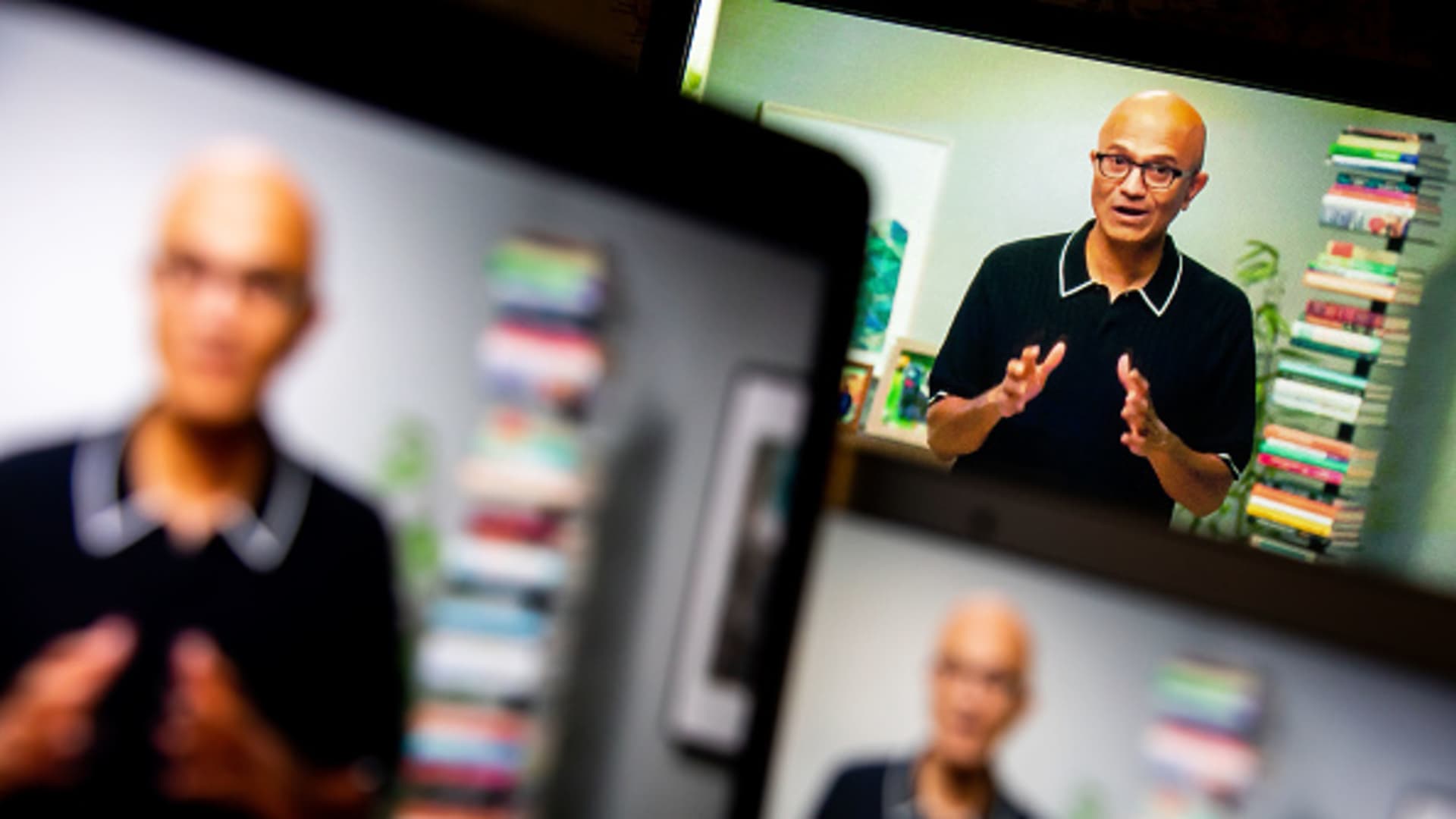 Satya Nadella, chairman and chief executive officer of Microsoft Corp., speaks during the virtual Meta Connect event in New York on Oct. 11, 2022.