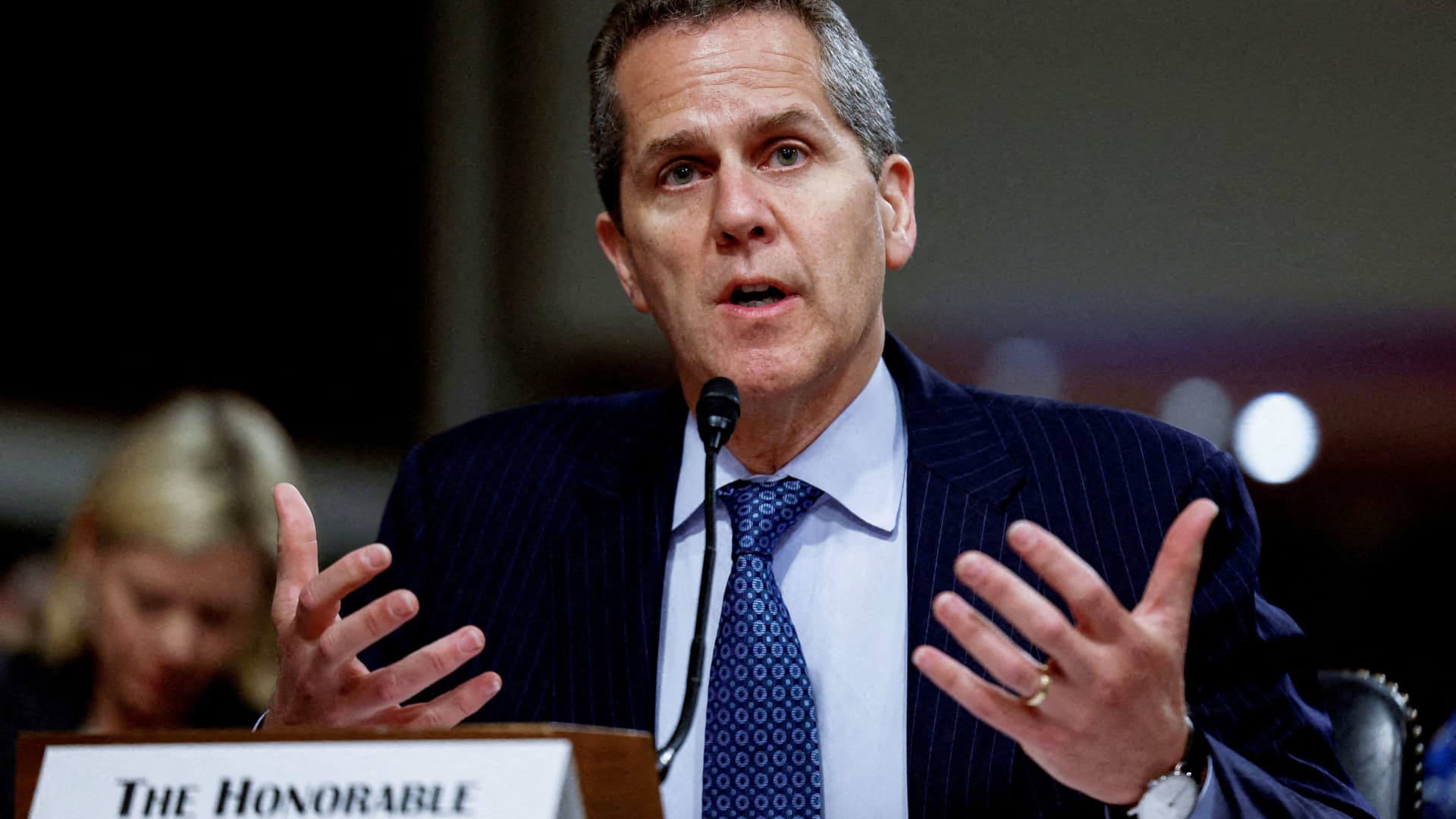 Federal Reserve Vice Chair for Supervision Michael Barr testifies before a Senate Banking, Housing, and Urban Affairs Committee hearing in Washington, May 18, 2023.
