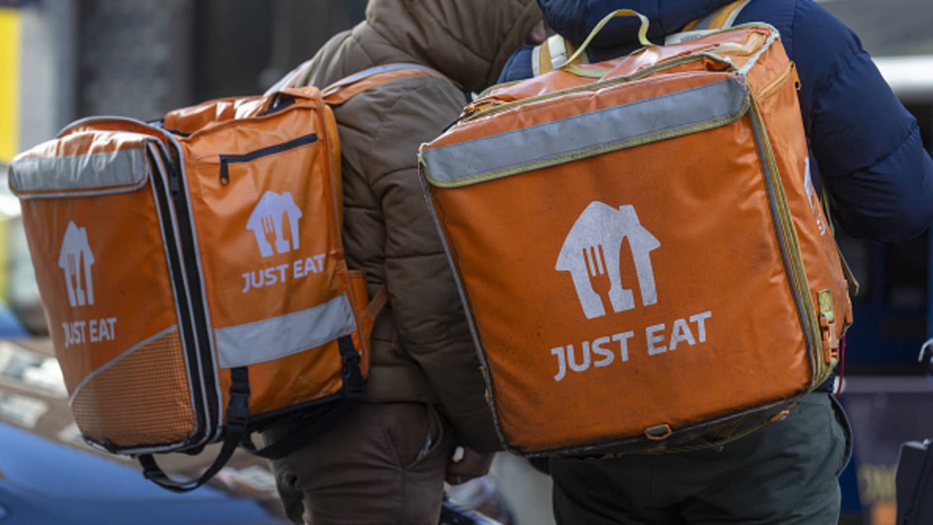 Food delivery couriers for Just Eat Takeaway.com NV in London on Feb. 24, 2025.