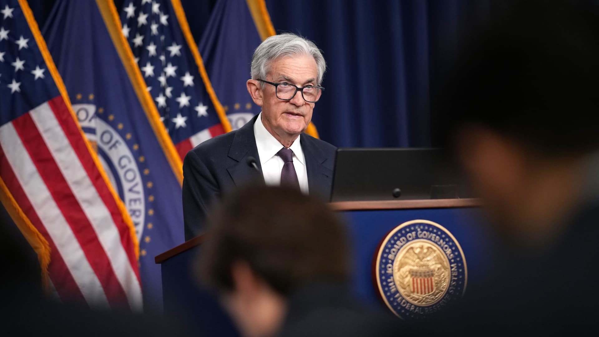 Federal Reserve Chair Jerome Powell speaks during a news conference following a Federal Open Market Committee meeting at the William McChesney Martin Jr. Federal Reserve Board Building on May 7, 2025 in Washington, DC. 