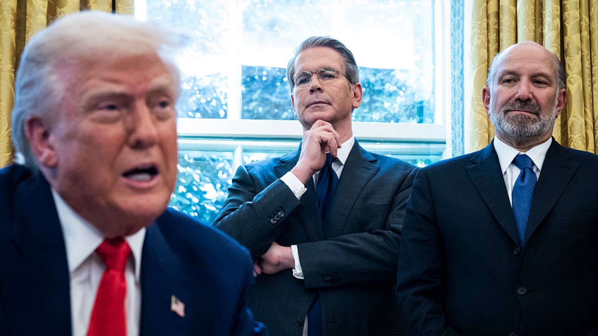 Treasury Secretary Scott Bessent and Commerce Secretary Howard Lutnick listen as President Donald J Trump speaks as he signs, a commission, executive orders and proclamations in the Oval Office at the White House on Wednesday, April 09, 2025 in Washington, DC. 