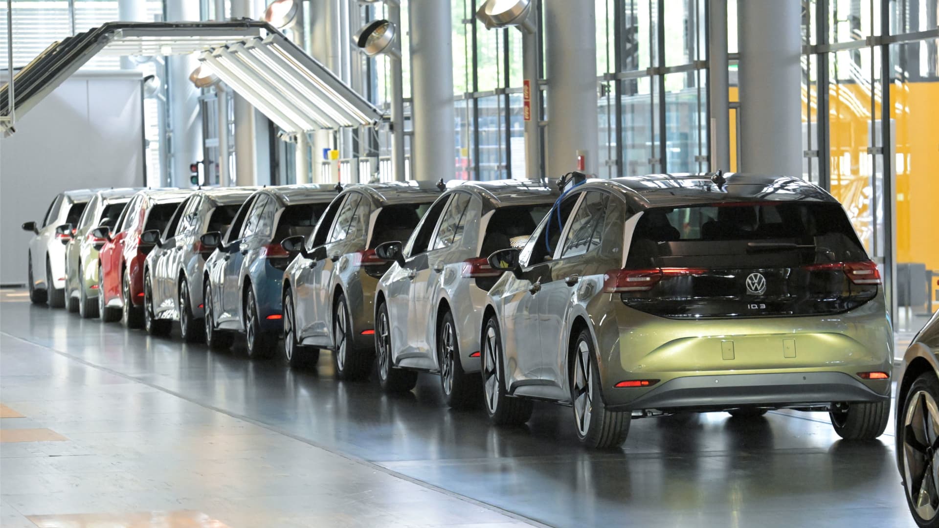 Volkswagen ID.3 cars stand in a queue for the final inspection, during a media tour, in Dresden, Germany, May 14, 2025. 