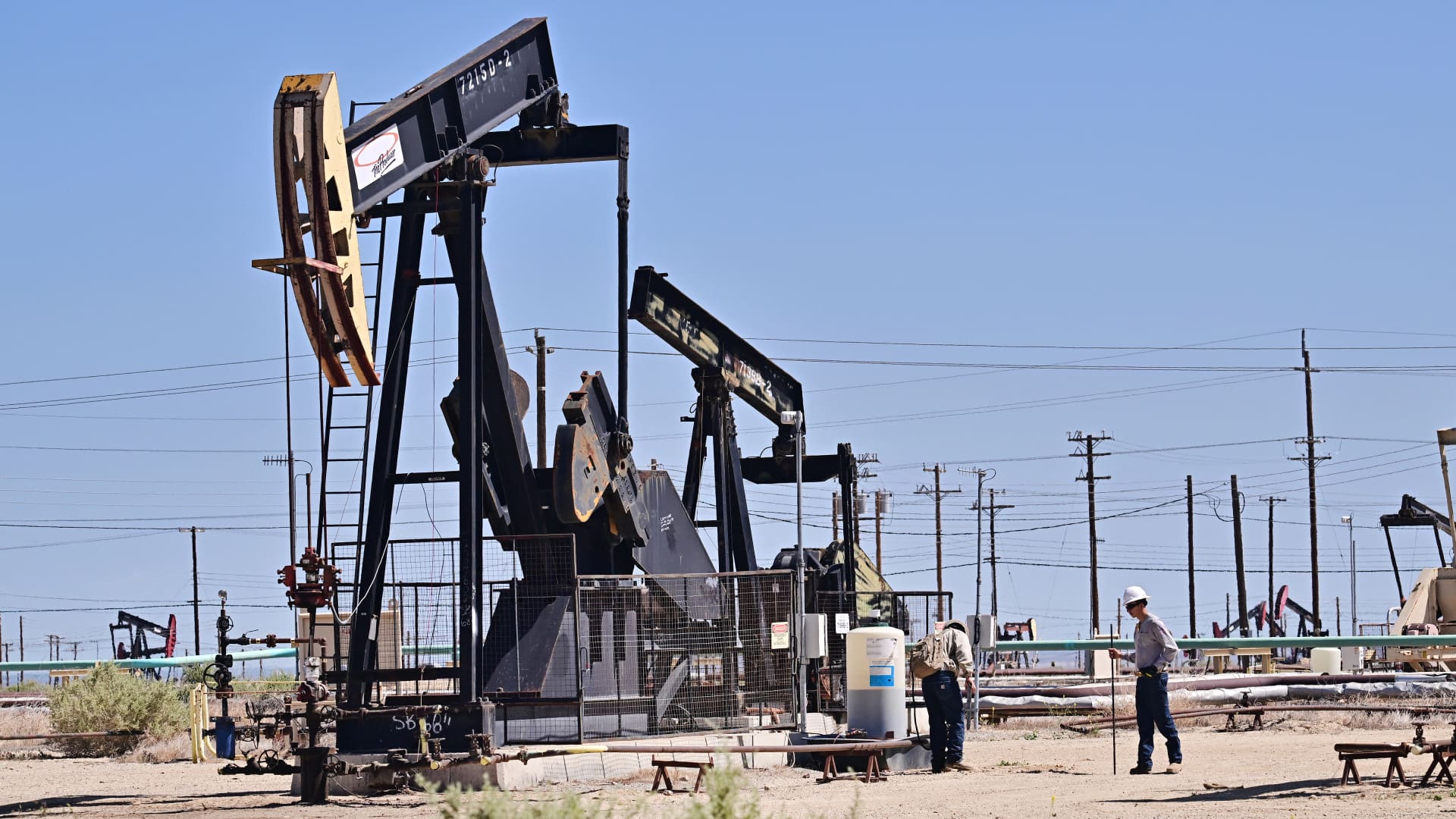 Pumpjacks are seen in oilfields along Highway 33, known as the Petroleum Highway, west of Buttonwillow, Kern County, California on April 9, 2025. 